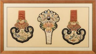 Three late 19th century Chinese silk work pouches: decorated with flowers , butterfly and bird,