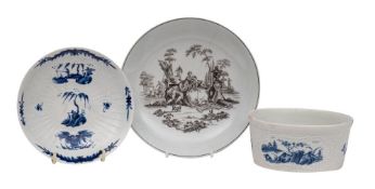A mixed lot of First Period Worcester porcelain comprising a blue and white potted meat pot moulded