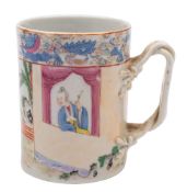 A Chinese famille rose cylindrical mug with crossover branch handle,