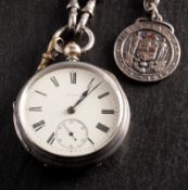 A silver open-faced key-wound pocket watch with chain the dial with black Roman numerals,