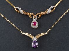 Two gem-set necklaces, including an amethyst and diamond necklace, stamped '375'; and a 9ct gold,