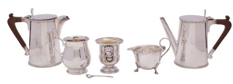 A pair of 'Unity Plate' coffee and hot milk jugs of tapered form with reeded edges,