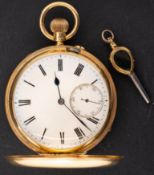 An 18ct gold keyless full-hunter pocket watch the dial with black Roman numerals,