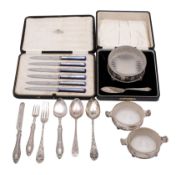A quantity of silver items to include;-: a Victorian christening spoon and fork, London 1885,