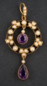 An early 20th century, mixed-cut amethyst and seed pearl, openwork pendant,