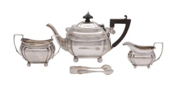 A Bachelors silver matched three-piece tea set, together with a pair of matched silver sugar tongs,