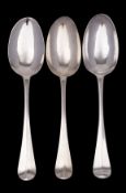 Three Hanoverian silver tablespoons, maker Caleb Hill London 1730, 59gms,