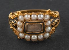 A 19th century, 18ct gold, black enamel, seed pearl and hairwork mourning ring,