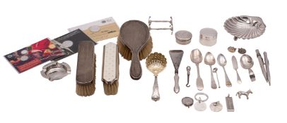 A quantity of assorted silver items to include: a guilloche enamel decorated silver clothes brush,