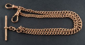 A 9ct gold, graduated, curb-link Albert watch chain, with a dog clip at either end and a T-bar,