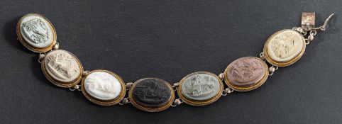 A mid-20th century, Italian, lavastone and coral cameo bracelet,