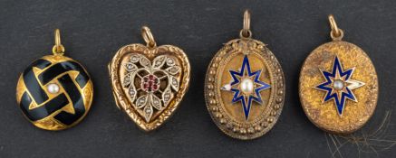 Four locket pendants, including a 9ct gold, seed pearl and garnet,