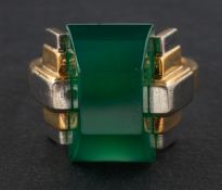 A rectangular, faceted chrysophrase ring, with French control marks for 18ct gold,