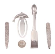 A mixed collection of modern Scottish silver to include;- a bookmark with leaping dolphin,