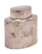 A George V silver tea caddy and cover, maker William Aitken, Birmingham, 1911 of plain oval outline,