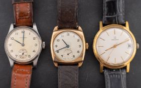 Zenith, a gentleman's 9ct gold wristwatch the round silvered dial with raised Arabic numerals,