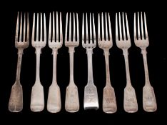A set of three Victorian silver fiddle pattern dessert forks, maker Chawner & Co.