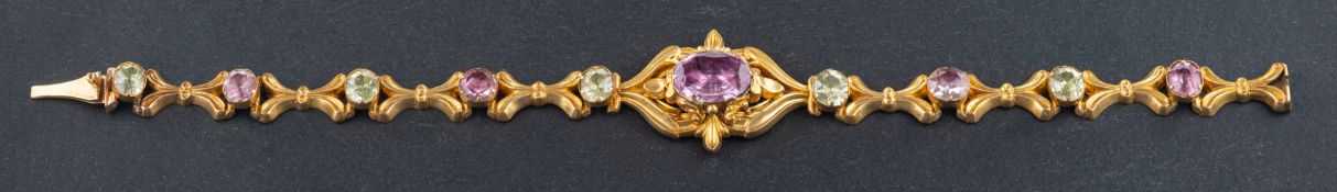 A late 19th century, round, mixed-cut chrysoberyl, round and oval mixed-cut amethyst bracelet,