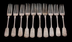 A set of six Victorian silver Fiddle pattern dessert forks, maker William Rawlings Sobey,