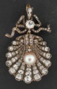 An early 20th century, old and rose-cut diamond and pearl pendant, designed as a scallop shell