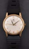 Omega Automatic a gentleman's gold wristwatch the dial with raised Roman and baguette numerals,