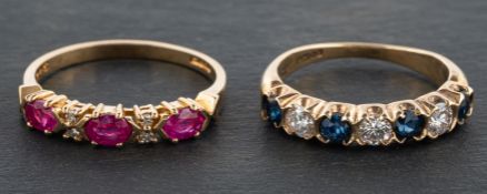 Two 9ct gold, half-eternity rings, including a round, mixed-cut sapphire and round,