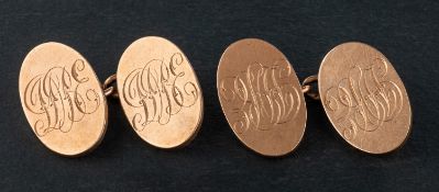 A pair of Victorian, 9ct gold, oval cufflinks, engraved with monogram 'DBE',
