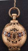 A Victorian urn shaped 18ct gold and enamel watch and chain,