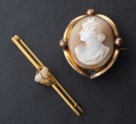 Two brooches, including a bar brooch encasing a baroque-shaped pearl,