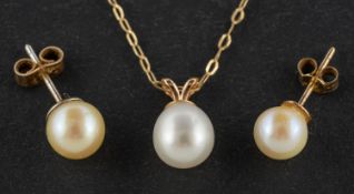 A cultured pearl pendant and a pair of cultured pearl ear studs, diameter of cultured pearls ca. 6.