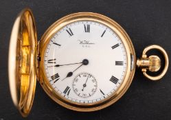 Waltham an 18ct Gold full-hunter pocket watch the white enamel dial with black Roman numerals,