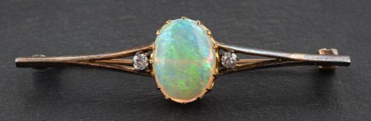 An oval, cabochon-cut opal and old-cut diamond bar brooch, estimated opal weight ca. 1.