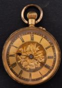 An 18ct gold ladies engraved keyless pocket watch the dial with engraved decoration,
