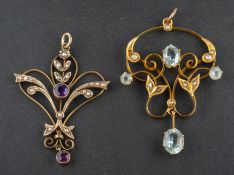 Two gemset, openwork pendants, including an amethyst and seed pearl pendant,