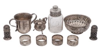 A mixed collection of silver items comprising of;- an Edward VII circular christening bowl,