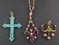 Three pendants including an amethyst and seed pearl necklace, stamped '15', length of chain ca.