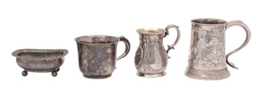 Three assorted christening cups and a boat shaped cruet together with a Victorian double velute