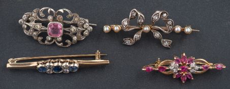 Four gemset brooches, including a sapphire and diamond bar brooch,