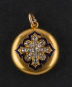 A single and old-cut diamond locket, the diamonds in cruciform design within blue enamel surround,