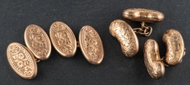 Two pairs of late Victorian, 9ct gold cufflinks, with engraved floral decoration,