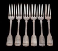 A set of six Victorian silver Fiddle pattern table forks, maker Chawner & Co.