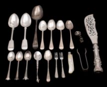 An assortment of silver to include a Victorian fish slice, maker Aaron Hadfield,