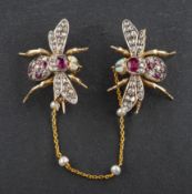 A pair of early 20th century, rose-cut diamond and mixed-cut ruby bee brooches,