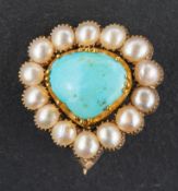 A 19th century, pear-shaped, cabochon-cut turquoise brooch, with mabe pearl surround,