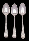 Three Jersey silver ornate teaspoons, makers Jacques Quesnel II,