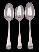 Three Hanoverian silver tablespoons, makers James Tookey 1754, 61gms,