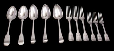 A matched part silver flatware canteen comprising: a set of three George III Old English pattern