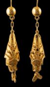 A pair of filigreework, articulated, fish drop earrings, with hook fittings, total length ca. 6.