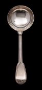 A George III silver Fiddle and Thread pattern soup ladle (makers mark rubbed), London 1812, 296gms,