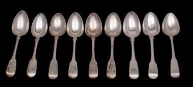 Nine George III and George IV silver fiddle pattern dessert spoons (various dates and makers)